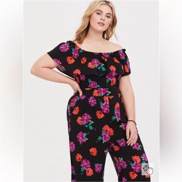 Torrid Black Floral Off Shoulder Design Contemporary Boho Feminine Jumpsuit - Picture 3 of 16